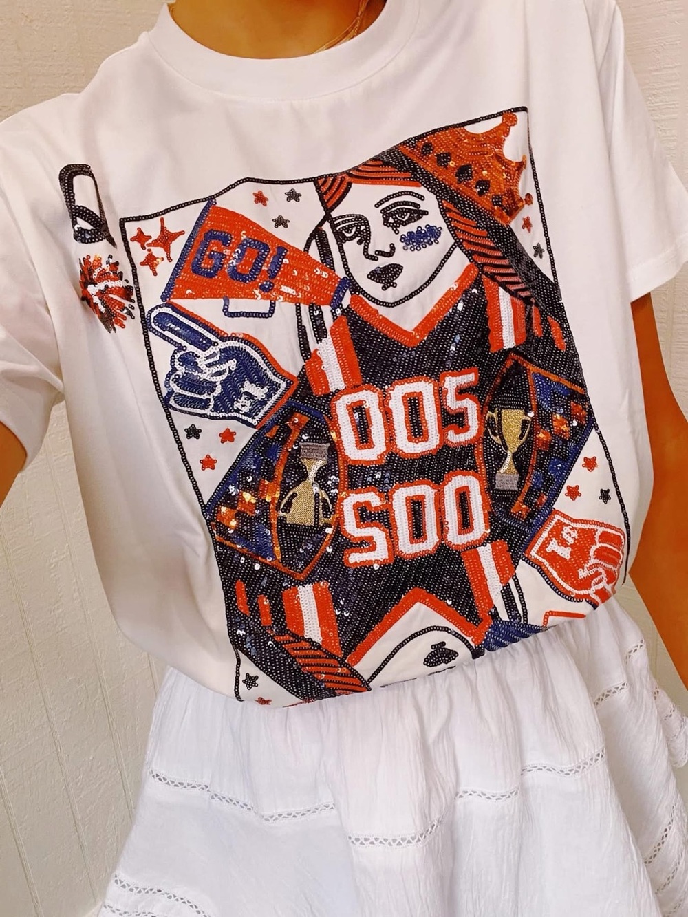 Queen of Sparkles Blue & Orange Playing Card Gameday Tee Small